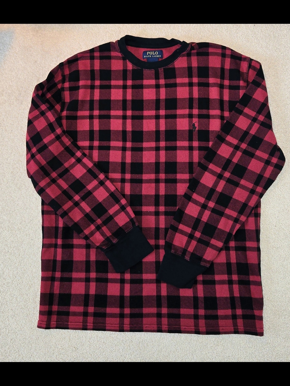 Polo Ralph Lauren Mens XL Red Black Buffalo Plaid Waffle Knit Thermal Shirt